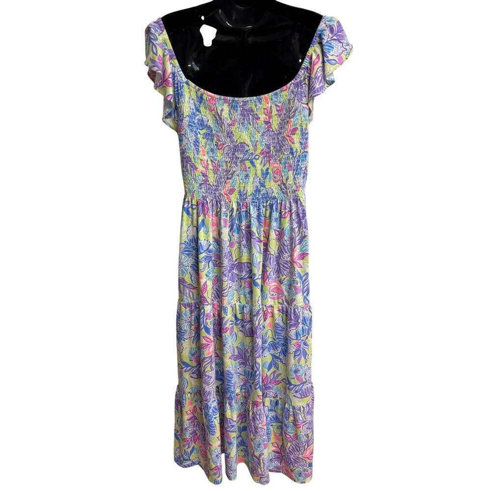 Lilly Pulitzer Womens Size XL Floral Smocked Dress Flutter Sleeve Cotton EUC - Picture 4 of 10